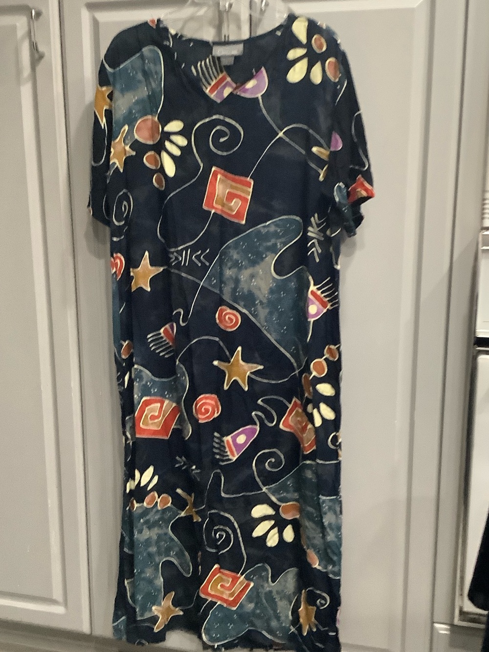 Endless Options Dark Blue Abstract Pattern Navy Midi Dress Colorful Accents Sz L
